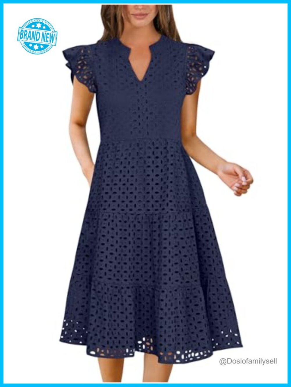 Women's Midi Dress 100% Rayon Eyelet Ruffle Sleeve V Neck Tiered Sundress